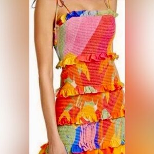 Farm Rio “Tropical Sunset” Smocked Ruffle Mini Dress  Size L